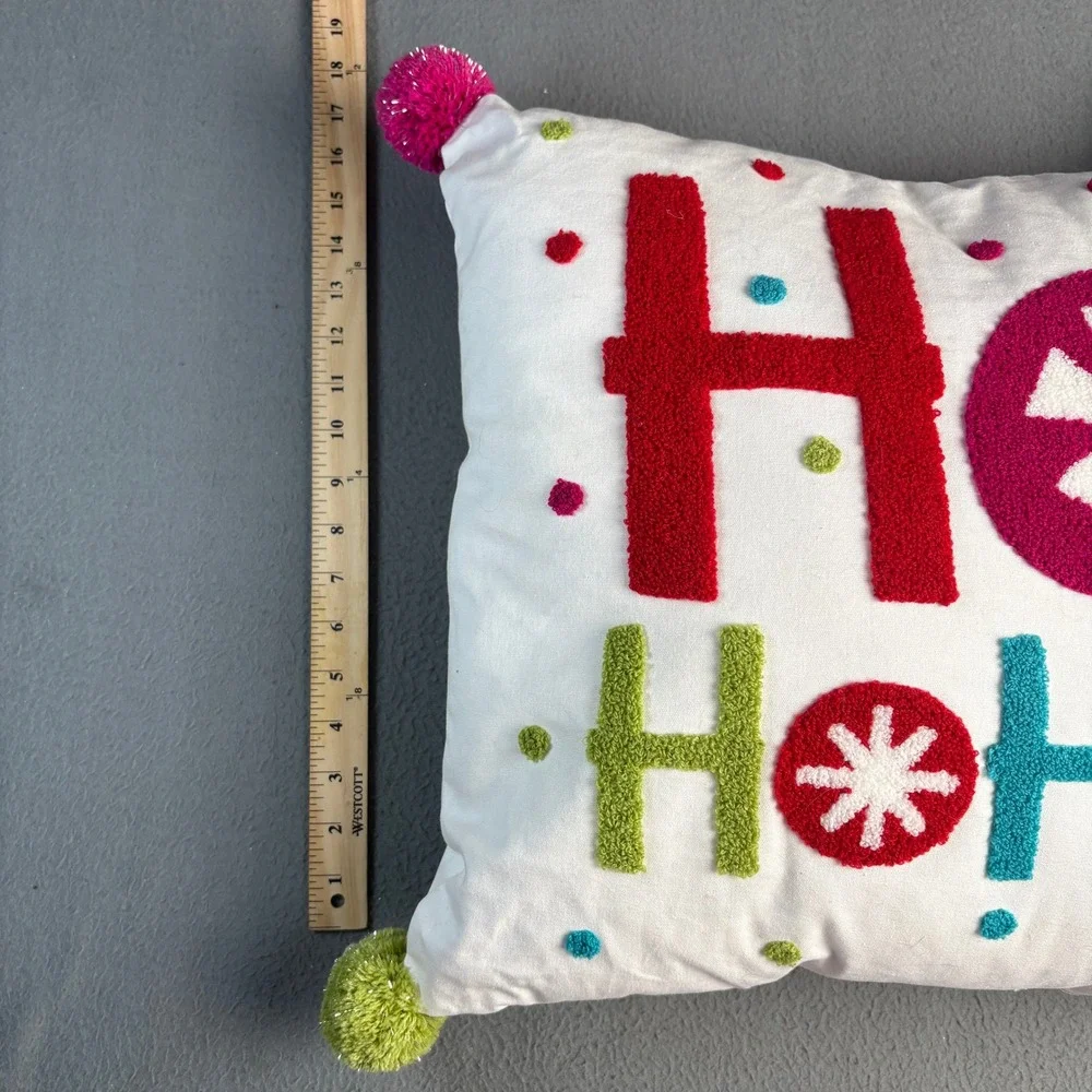 Hobby Lobby Christmas Ho Ho Ho Throw Pillow Colorful Pom Poms White HL 9164121
